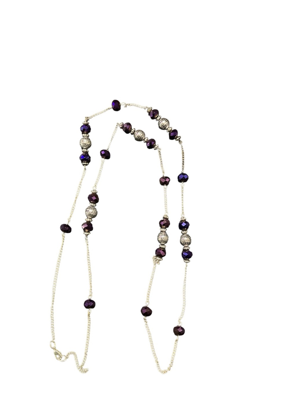 Gold Tone Beaded Necklace Purple Faceted Stones Long Layering Necklace - Picture 4 of 4